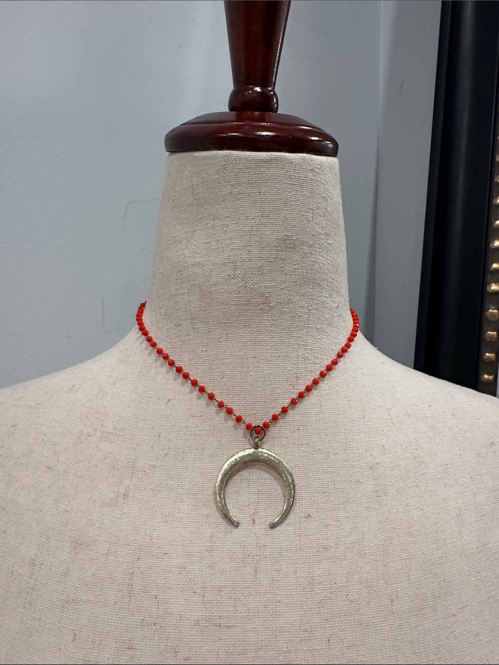 Red Beaded Necklace with Gold Crescent Pendant